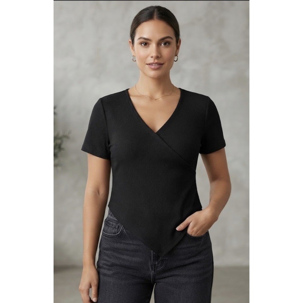 Womens Short Sleeve Black Solid Rib Top New Size 1XL